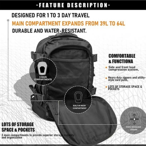 Men Backpacks Large Capacity Expandable Black Hiking Outdoors Military Backpack - Picture 6 of 7